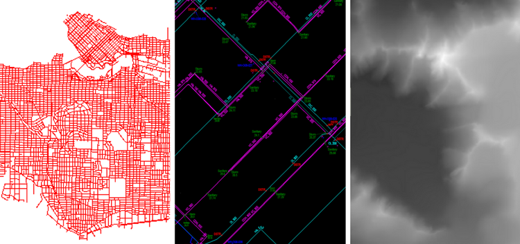 Exemples de possibles sources de données : Shapefile, AutoCAD et modèle numérique de terrain