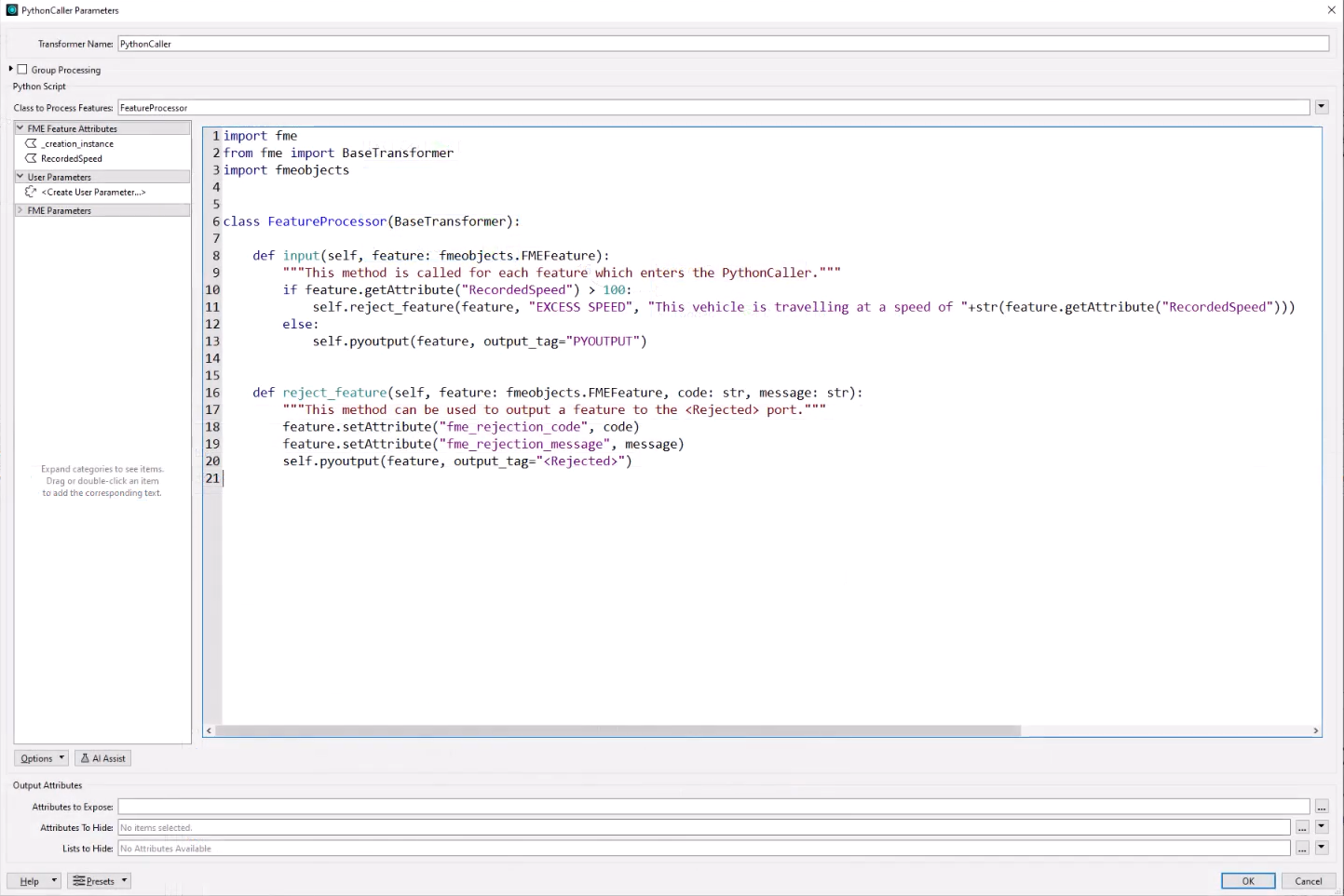 FME Form 2024.2 : Aperçu des paramètres de PythonCaller